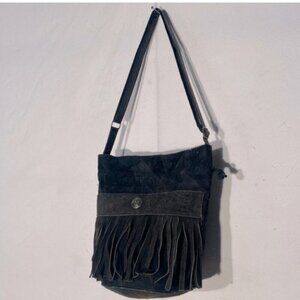 Vintage Leather Patchwork Black Brown Colour Block Bucket Bag Purse With Fringe